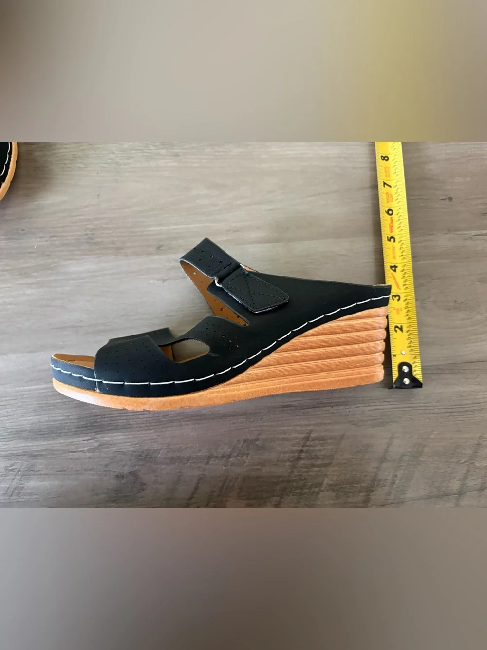 Black Wedge Sandals Size 40 Perforated Open Toe Comfort Shoes